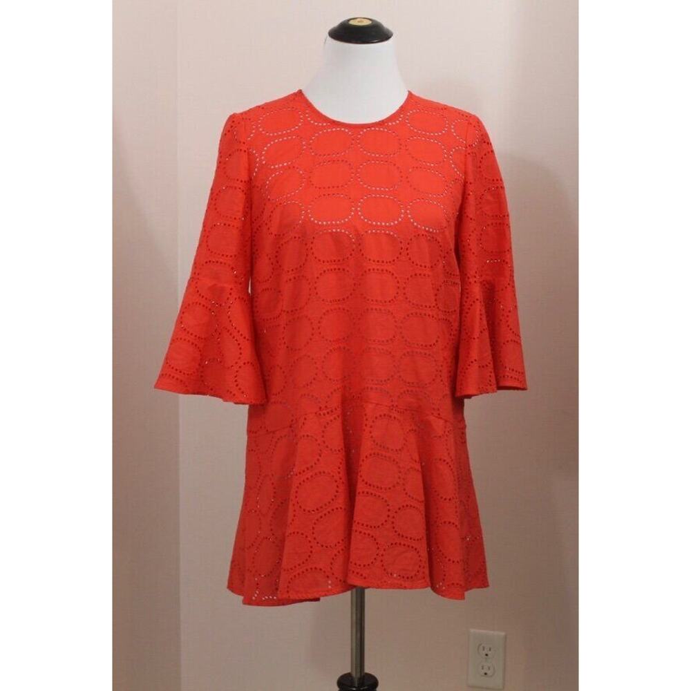 PEARL by LELA ROSE Sz S Small Orange Red Eyelet Flutter Sleeve Peplum Top